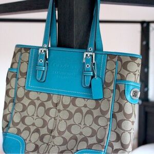 Coach Vintage Bag Signature Hampton Leather Brown Blue Trim Shoulder Bag